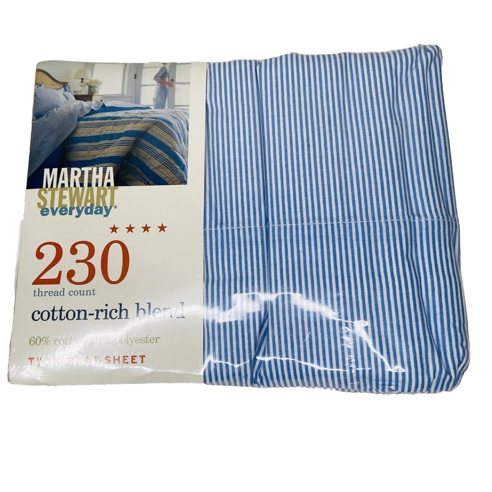Martha Stewart Everyday Sheet Cornflower Blue Pinstripe Twin Flat 230 Count NOS